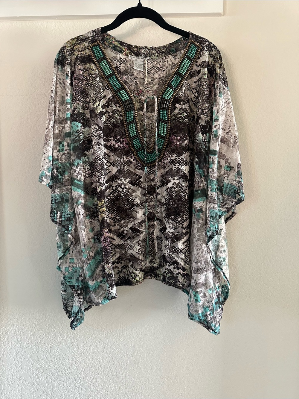 Alberto Makali Sheer Printed Tunic with Teal Beaded V-Neck